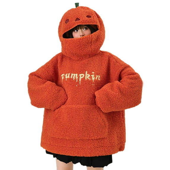 Mrat Womens Pumpkinhead Hoodie Halloween Hoodie Fuzzy Orange Retro Funny Couple Hooded Sweatshirt Pullover Tops Hoodies for Women Full Zip up Sweatshirts Jackets S-158 Orange XXL