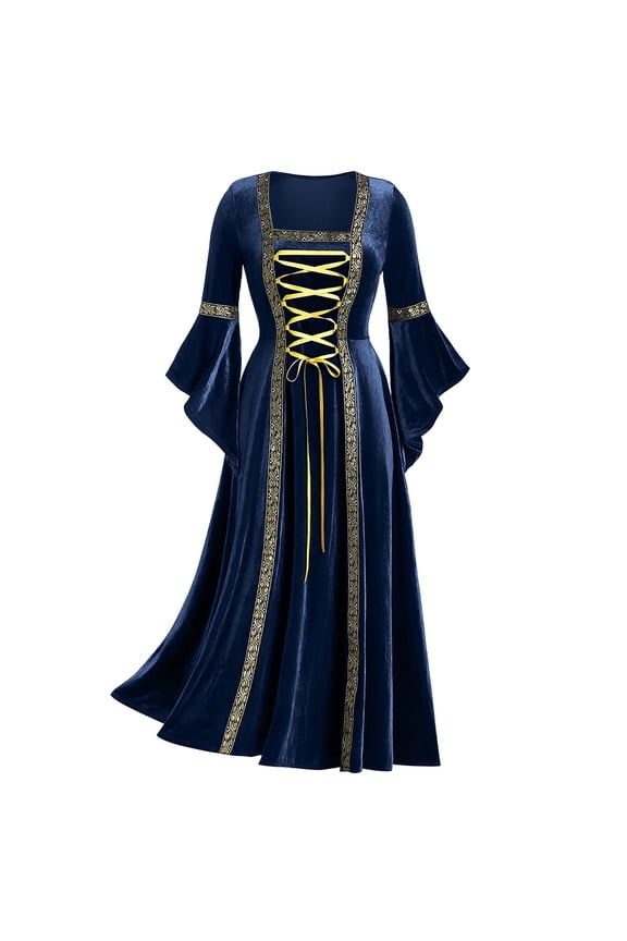 Womens Renaissance Medieval Dress Golden Velvet Dress with Corset Lace up Halloween Vintage Irish Costume Gown Princess Dress S-22 Navy XL