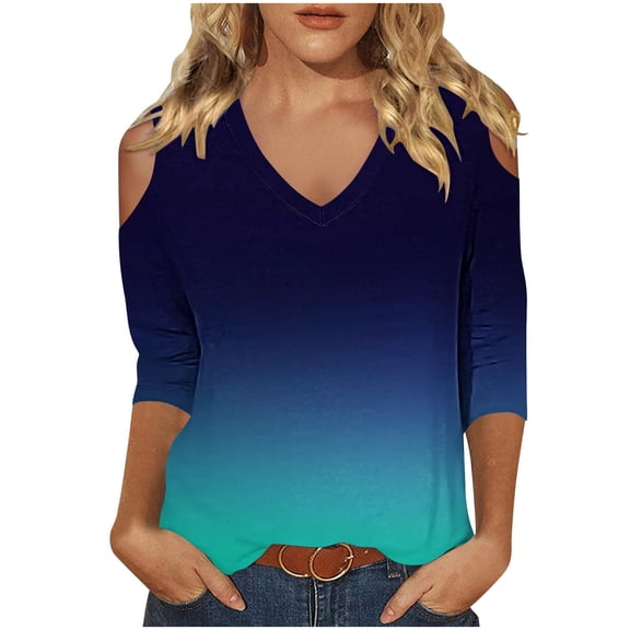 Mrat Womens Shirts 3/4 Sleeve Tee V Neck Cold Shoulder Shirts Tops Gradient Blouse S-87 Navy L