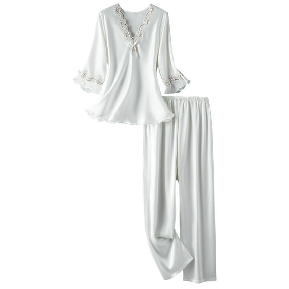 Mrat Womens Silk Lace Blouse and Trousers Suit Pajamas Solid Color Sleepwear Set Short Nightgowns for Women S-93 White L