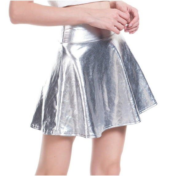 Mrat Womens Skirts Long Women's Shiny Flared Pleated Mini Skater Skirt Stage Pleated Skirt Tiered Skirt S-27 Silver-A XXL