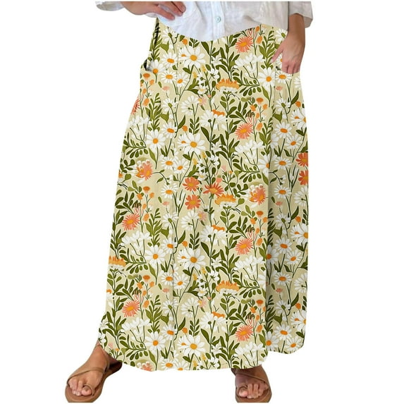 Mrat Womens Skirts Women's Casual Retro Floral Skirts Linen Elastic Waist Pleated Maxi Skirt with Pockets Plus Size Skirts S-112 Yellow 5XL