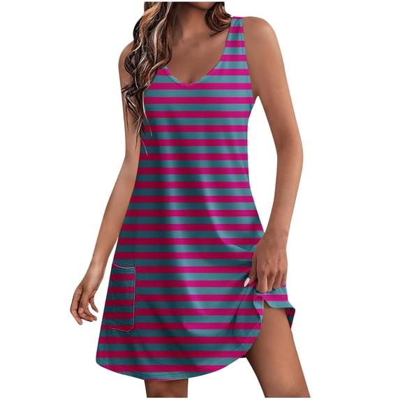 Mrat Womens Striped Tank Short Dress with Pocket Casual Flowy Mini Beach Dress Sundress Chiffon Dresses S-71 Pink-a XL