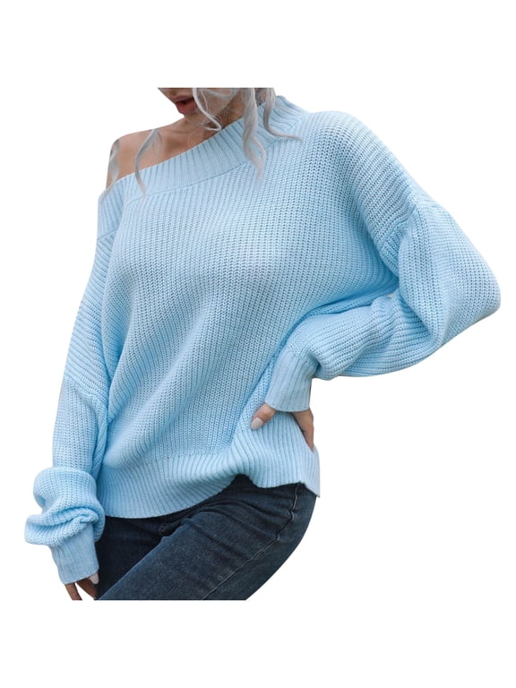 Womens Sweater Women's Off-the-Shoulder Sweater Loose Winter Long-Sleeved Sweater Fuzzy Long Sleeve Sweater S-282 Light Blue L