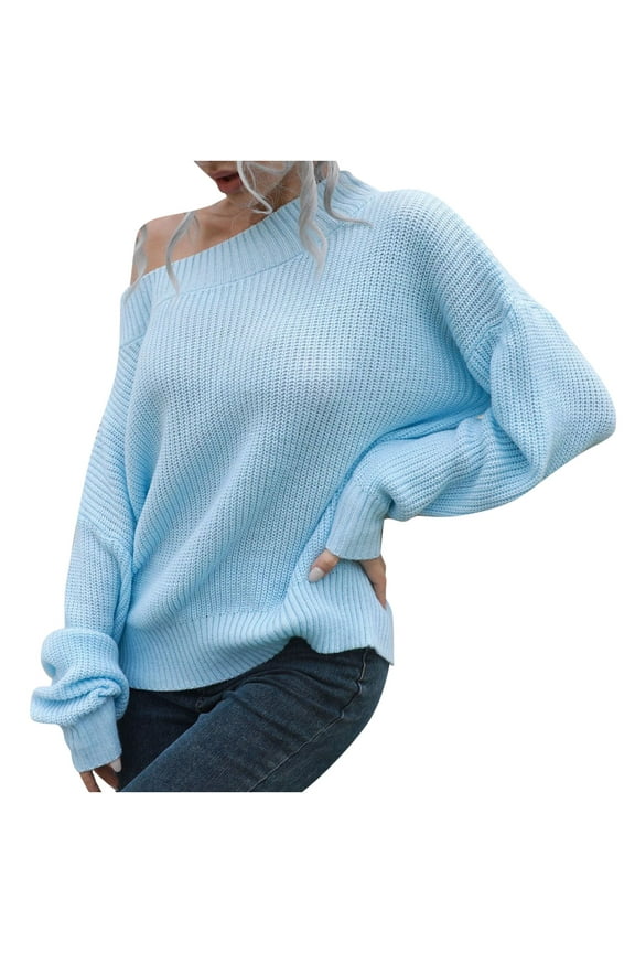 Womens Sweater Women's Off-the-Shoulder Sweater Loose Winter Long-Sleeved Sweater Fuzzy Long Sleeve Sweater S-282 Light Blue L
