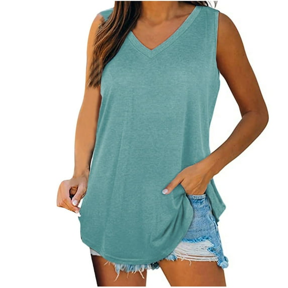 Mrat Womens Tank Tops Loose Womens Tank Tops V-Neck Basic Casual Flowy Summer Sleeveless T-Shirt Workout Tank Tops Women Built In Bra S-143 Sky Blue S