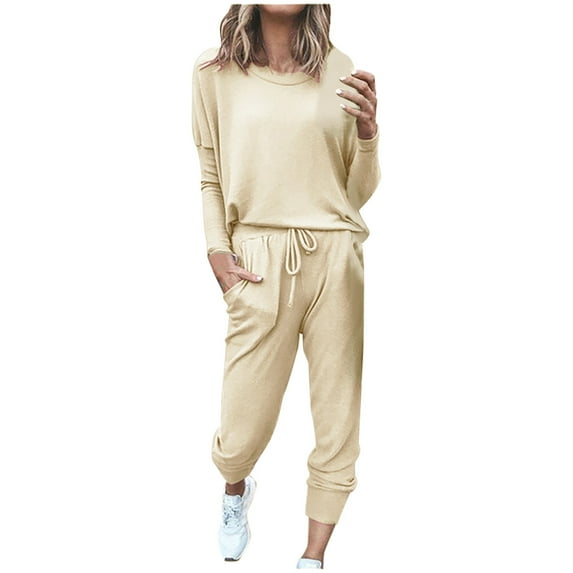 Mrat Womens Track Suits 2 Piece Set 2 Piece Jogging Sets Solid Polyester Long Sleeve Sweatsuits Sets Two Piece Track Suits Drawstring High Waist Pants Set Comfy Outfits H-Khaki XXL