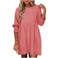 thumbnail image 1 of Mrat Womens Tunic Dress Casual Loose 3/4 Sleeve Crew Neck Flowy Pleated Mini Dresses5 Pink-a S, 1 of 5