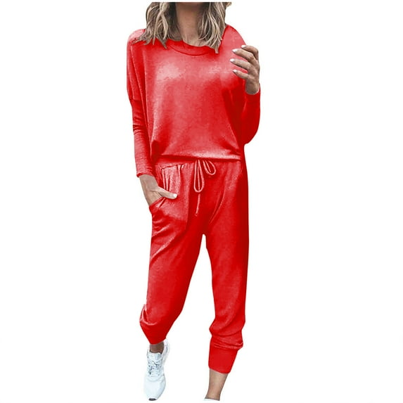 Mrat Womens Two Piece Set 2 Piece Jogging Sets Solid Polyester Long Sleeve Sweatsuits Sets Two Piece Track Suits Drawstring High Waist Pants Set Comfy Outfits N-Red XL