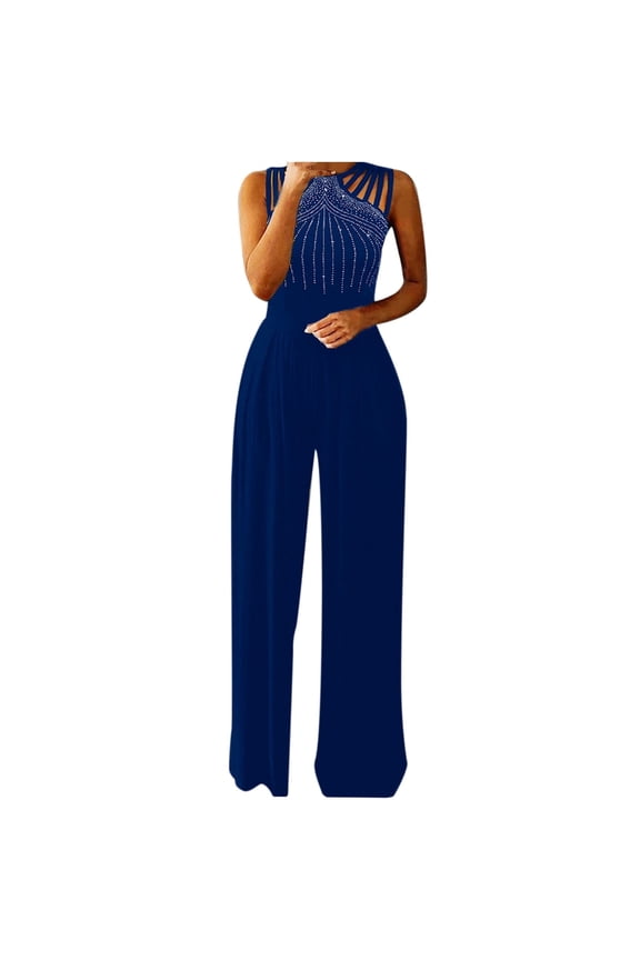 Womens Wide Leg Jumpsuits Dressy Neck Strap Sleeveless Rompers Tunic Sequin Formal Cocktail Long Pants Jumpsuit S-82 Blue L