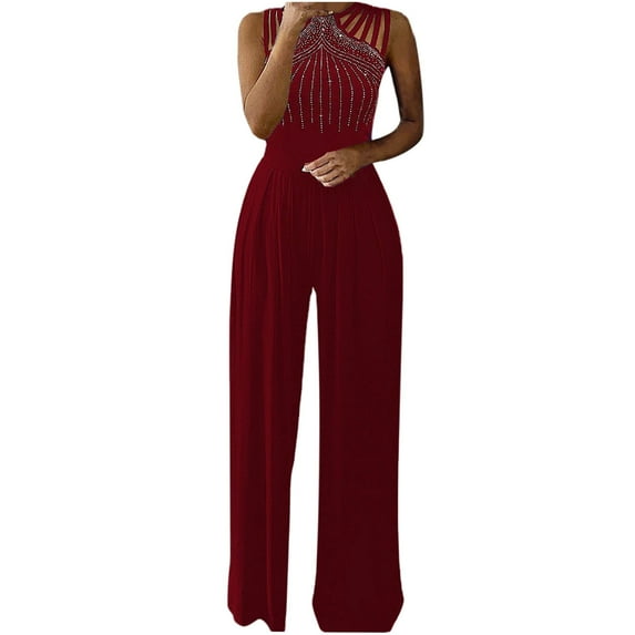 Mrat Womens Wide Leg Jumpsuits Dressy Neck Strap Sleeveless Rompers Tunic Sequin Formal Cocktail Long Pants Jumpsuit S-82 Red-A XL
