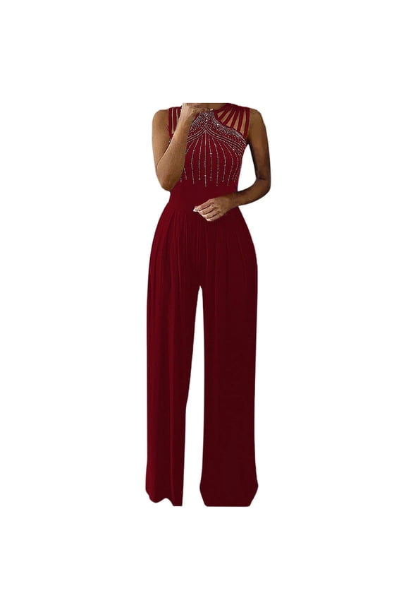 Womens Wide Leg Jumpsuits Dressy Neck Strap Sleeveless Rompers Tunic Sequin Formal Cocktail Long Pants Jumpsuit S-82 Red-A m