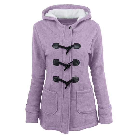 Mrat Womens Winter Long Sleeve Coats Fashion Horn Button Fleece Thicken Coat Warm Sherpas Lined Parkas Jacket Warm Plush Parka Coat with Hood Pockets Purple M