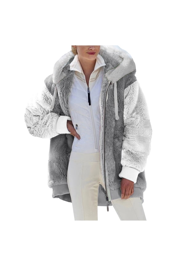 Womens Winter Plush Fleece Jacket Warm Color Block Coat Zip up Jackets with Hood S-29 Gray M