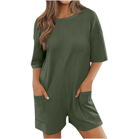 Mrat Womens Workwear Pants Women's Oversized Athletic Tee Romper V Neck Half Short Sleeve Workout Rompers Casual Shorts Jumpsuit with Pockets Baggy Cargo Pants Lady S-97 Green m