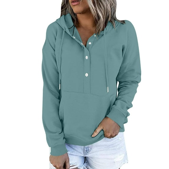Mrat Womens Zip up Hoodies Womens Casual Hoodies Fall Solid Long Sleeve Sweatshirt Drawstring Button V-Neck Pullover Tops Blouse with Pocket S-163 Light Blue M