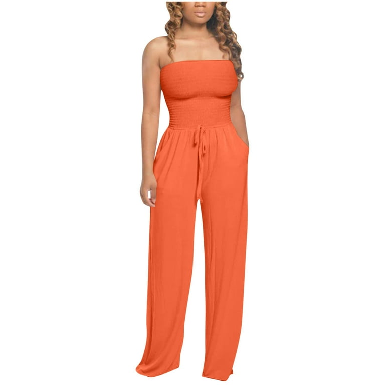 Wide Leg Jumpsuit Orange Sleeveless Jumpsuit Summer Vintage V-Neck