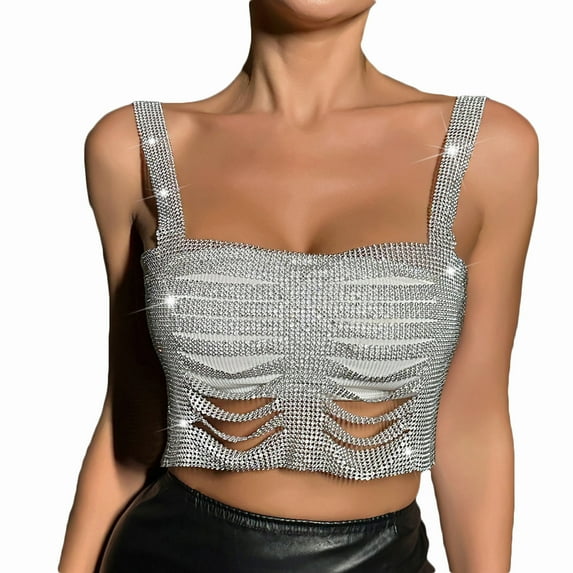 Mrat Workout Basic Crop Tops Women Shiny Rhinestone Tank Tops Cropped Tops Sleeveless Vests Shirt for Night Club Party Cami Tops S-181 Silver-a S