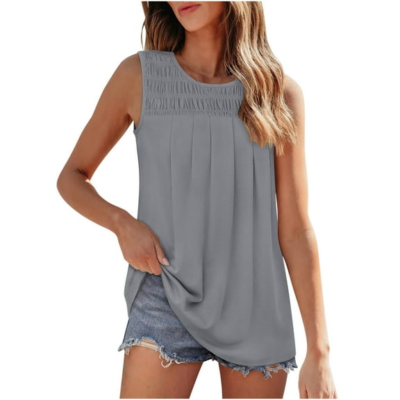 Mrat Workout Basic Crop Tops Women's Casual Solid Color Crewneck Sleeveless T-Shirt Pleated Tank Blouse Tops S-5 Gray M