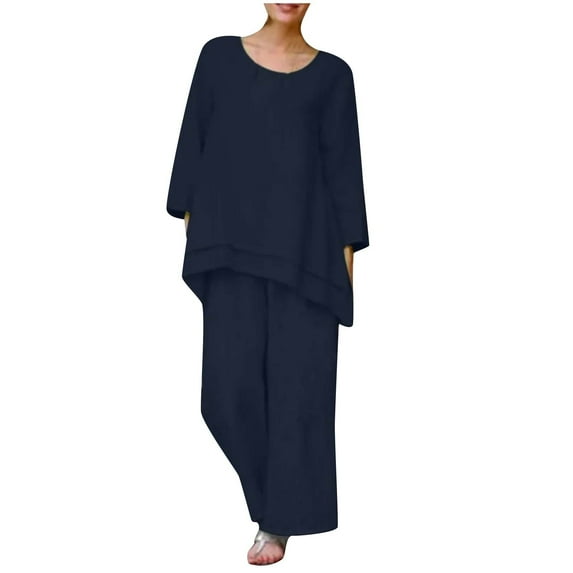 Mrat Workout Hooded Set Women 2 Piece Outfit Casual Round-Neck Long Sleeve Solid Color Loose Cotton Wide Leg Pants Sets S-43 Dark Blue S