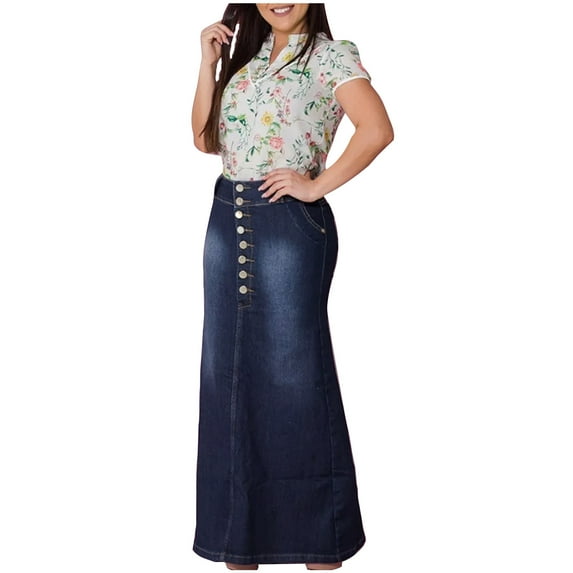 Mrat Workout Skirts Women's Casual Front Button Washed Denim A-Line Skirts Long Jean Skirt Jean Skirt S-171 Blue XXL