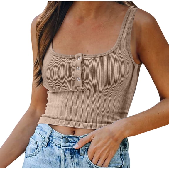 Mrat Workout Tank Tops Woman Women Fashion Solid Camisole Button Squares Neck Sleeveless Vests Blouse Womens Tank Tops with Built In Bra S-15 Khaki XXL