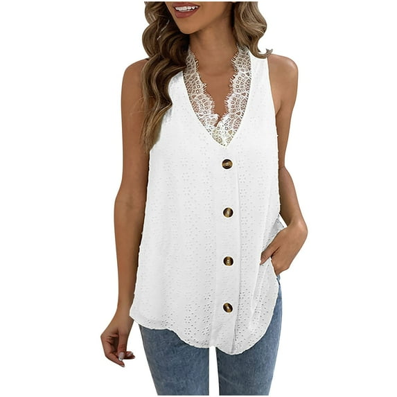 Mrat Workout Tank Tops Women's Sleeveless Solid Color V-Neck Lace Casual Fashion Loose Tank Tops Lightweight Tank Tops S-424 White S