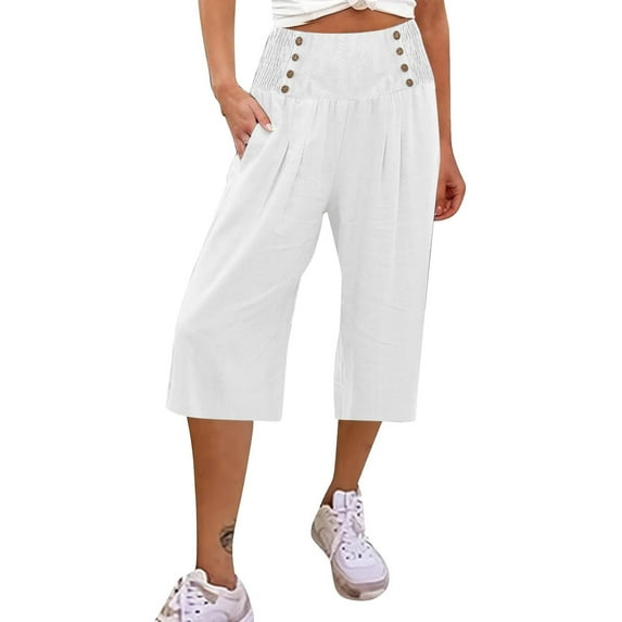 Mrat Workout Yoga Pants Women's Elastic High Waist Summer Solid Pants with Side Pockets Loose Fitting Capris Length Pants S-23 White XXL