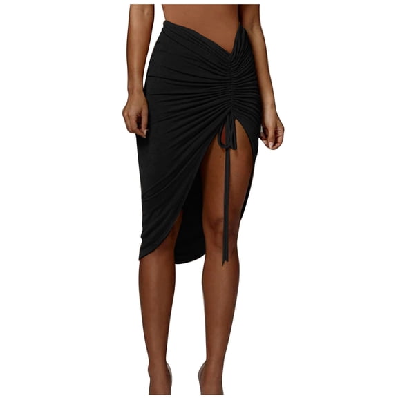Mrat Wrap Pencil Long Skirts Women's Summer Slim Irregular Skirt Fashion Trend Drawstring Half-Body Skirt Mid Length Skirts for Women S-81 Black M