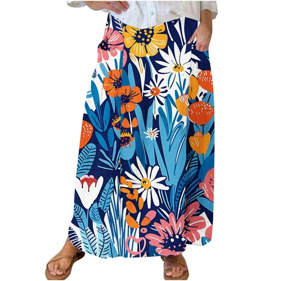 Mrat Wrap Skirt Women's Casual Retro Floral Skirts Linen Elastic Waist Pleated Maxi Skirt with Pockets Plus Size Skirts S-129 Blue XL