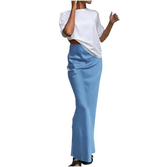 Mrat Pencil Skirts Women's Flowing Solid Color Elegant Dress Fashion Satin Drape Fishtail Skirt Denim Skirt S-8 Light Blue M