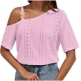 thumbnail image 1 of Mrat Yoga Gym Basic Tops Fashion Women's Casual Short Solid Neck Tops Blouse Skew Collar Blouses Pleated Blouses Tunic Top S-94 Pink-A S, 1 of 5