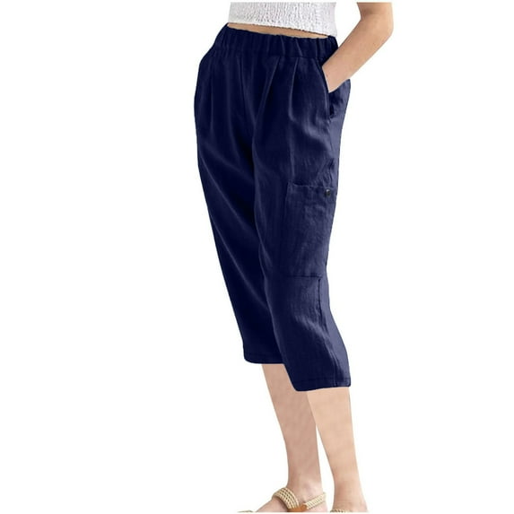 Mrat Yoga Pants for Lady Capris Women Summer Pants Casual Solid Color Elastic Waist Linen Pockets Pants Plaid Pants for Women Navy M