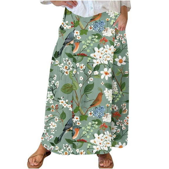 Mrat Yoga Skirt Women's Casual Retro Floral Skirts Linen Elastic Waist Pleated Maxi Skirt with Pockets Plus Size Skirts S-123 Green 3XL