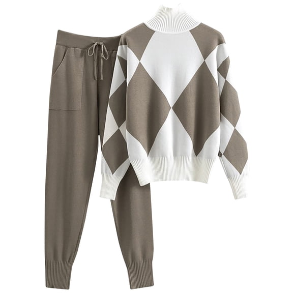 Mrat Zip up Hoodie Outfits Women's Two Piece Outfits Knit Sweater Pullover Turtleneck Tops & Drawstring Sweatpants Loungewear Tracksuit Sets S-98 Khaki M