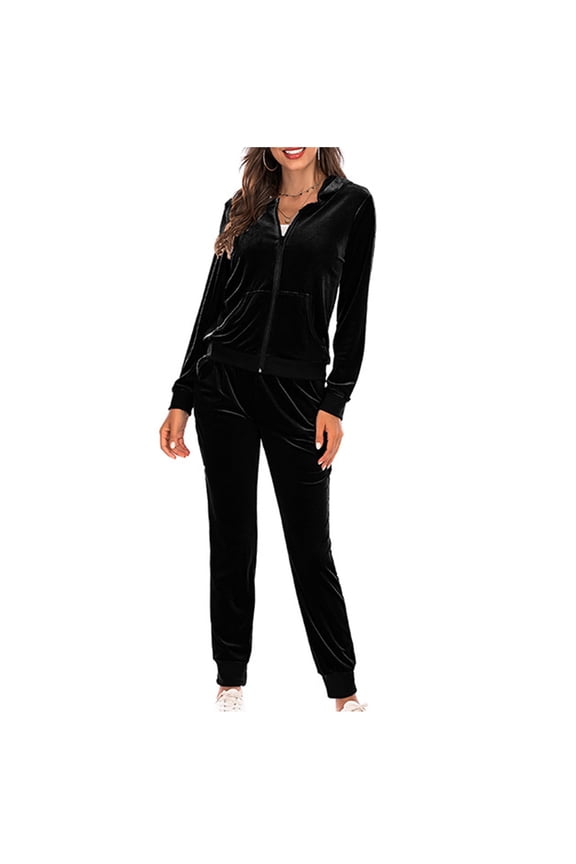 Mrat Zip Hoodie Set for Women Track Suits Sweatsuits 2 Piece Jogging Sports Outfit Solid Tracksuit S-15 Black XXL