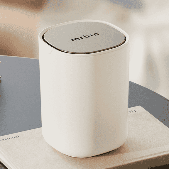 Mrbin 0.4gal Mini Desk Car Trash Can, Small Plastic Garbage Bin with Stainless Steel Lid for Bedroom, Coffee Bar, Cup Holder, White