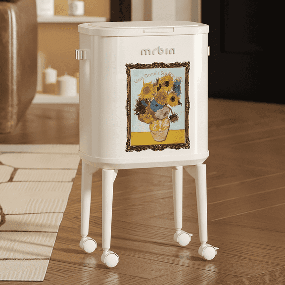 Mrbin 15L/4gal Metal Slim Bathroom Trash Can with Legs & Wheels, Press Lid Garbage Can, Covered Narrow Waste Basket for Office, RVs, Sunflower
