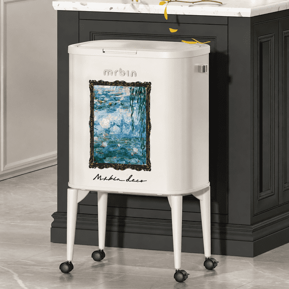 Mrbin 36L/9.5gal Metal Kitchen Trash Can with Wheel Legs, Slim Pet Proof Garbage Can, Tall Narrow Waste Basket for Bathroom, Water Lily