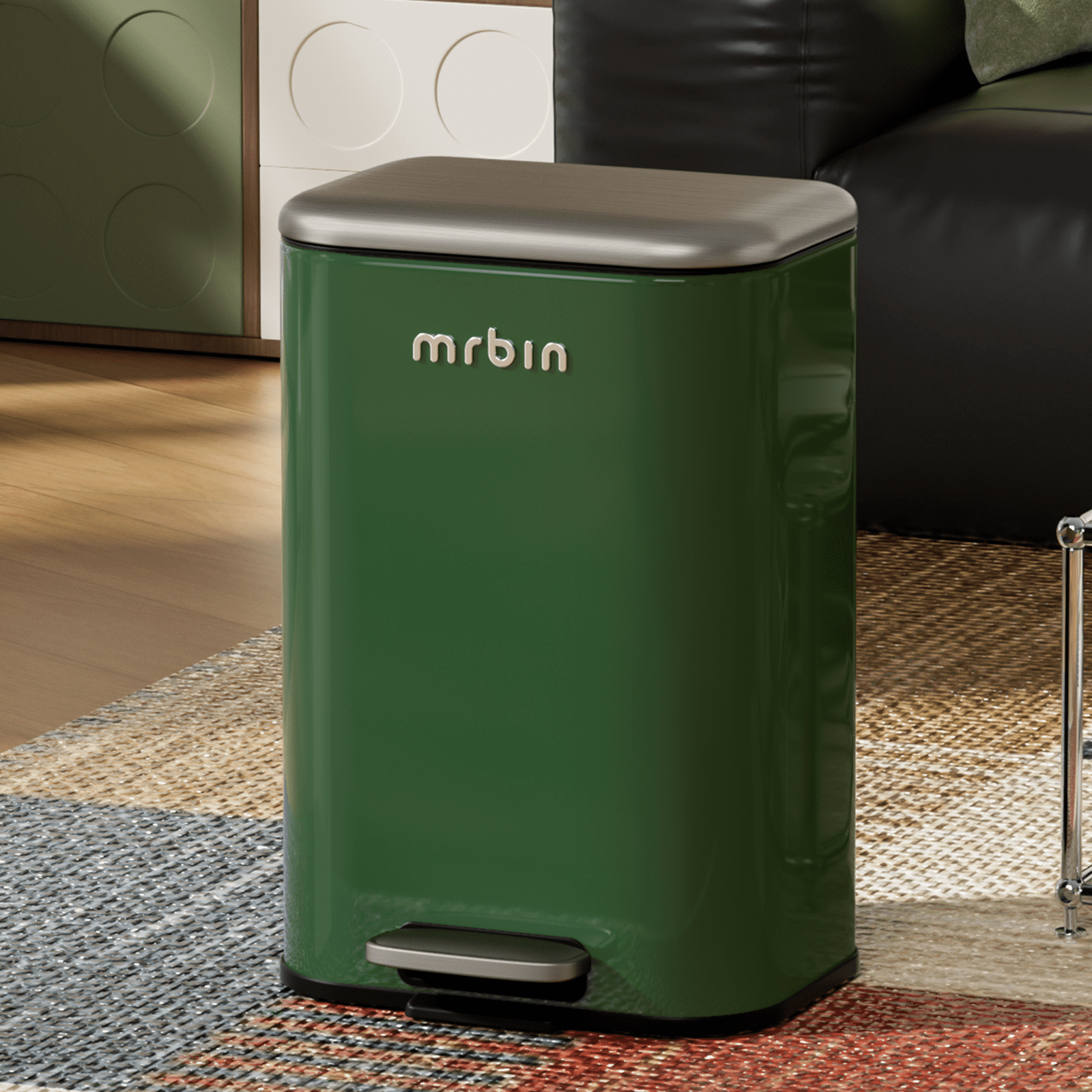 Mrbin Bathroom Trash Can with Lid, Metal Step Kitchen Waste Basket Touchless Soft Close, 20L / 5.2gal Rectangle Garbage Bucket with Stainless Steel Pedal for Office, Bedroom Accessories, Green