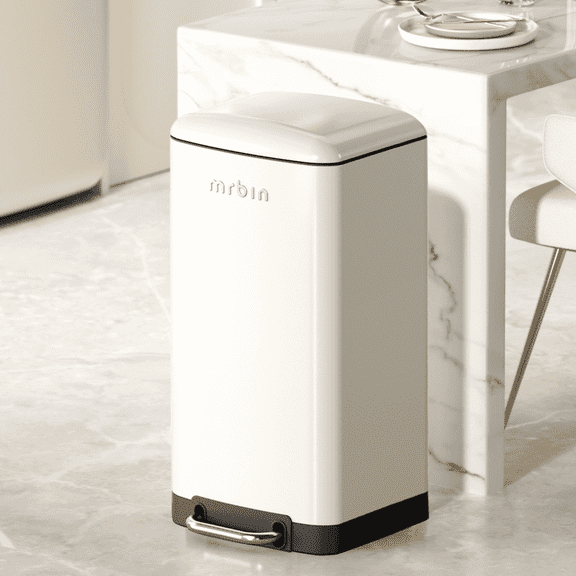 Mrbin Metal Kitchen Trash Can, Step Garbage Bin with Soft Close Lid, 40L / 10.5gal Garbage Can Tall Rectangle Waste Basket, Cream White