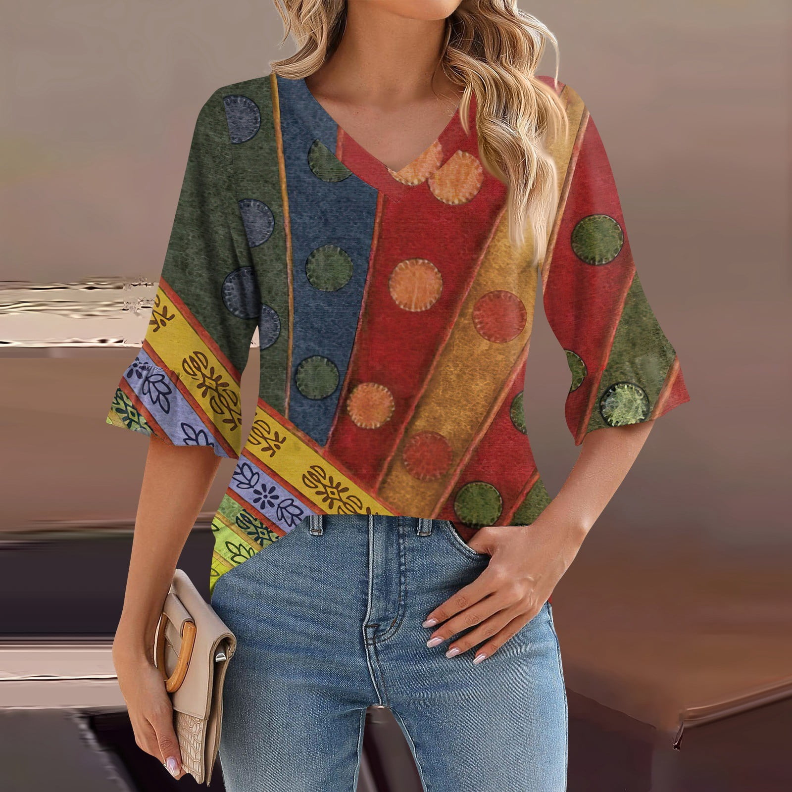 Mrigtriles 3/4 Sleeve Tops for Women Ruffle Sleeve Fall V Neck T Shirts