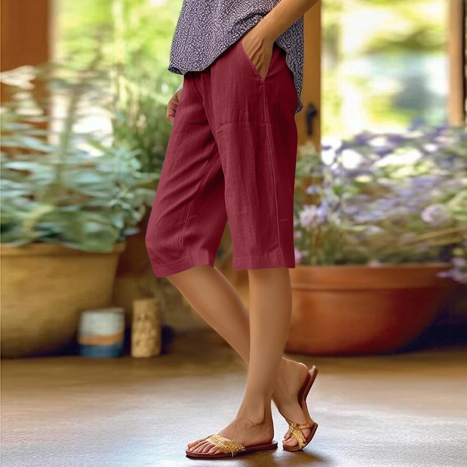 Mrigtriles Bermuda Shorts for Women Knee Length Elastic Waisted Cotton