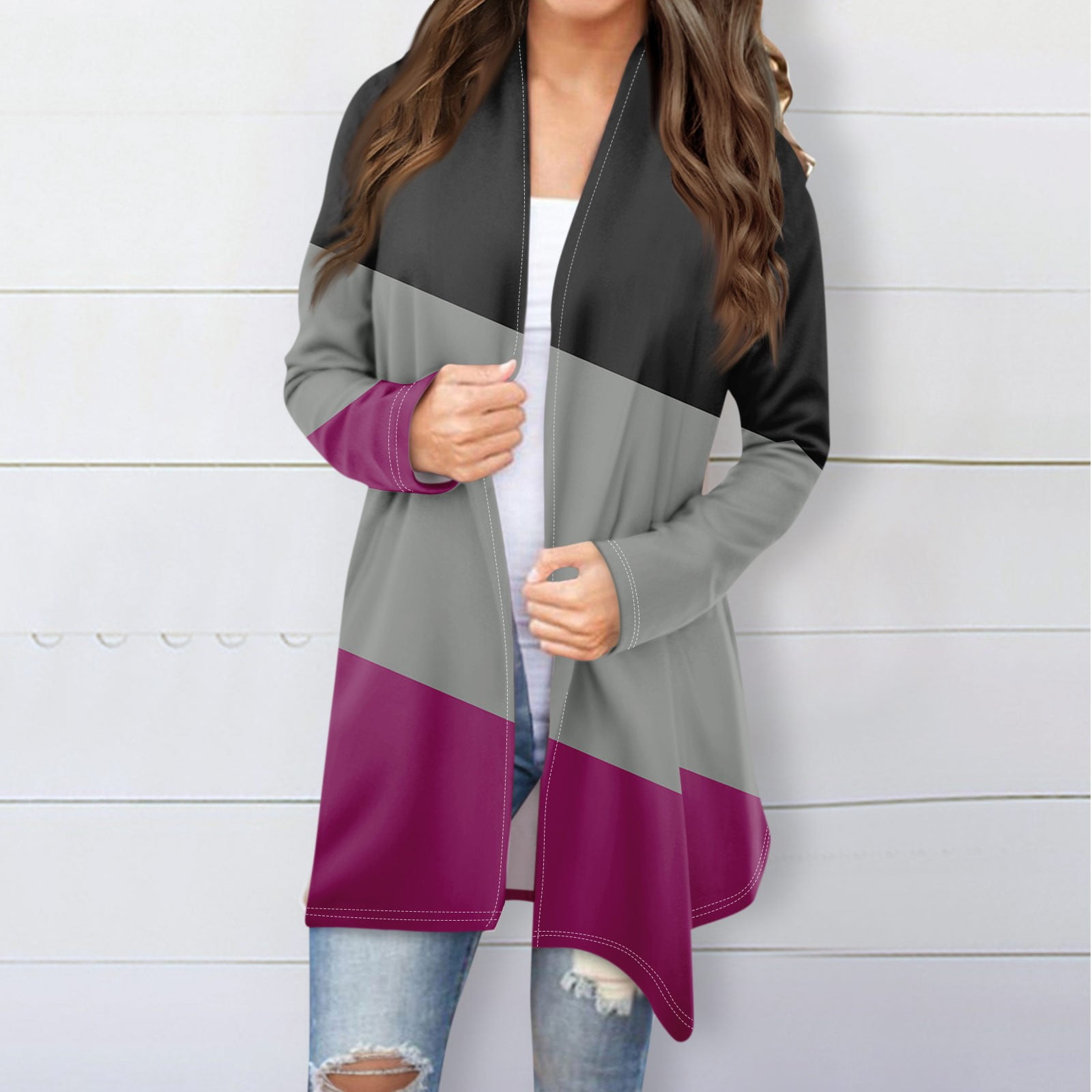 Mrigtriles Cardigan for Women Lightweight Color Block Long Sleeve Open