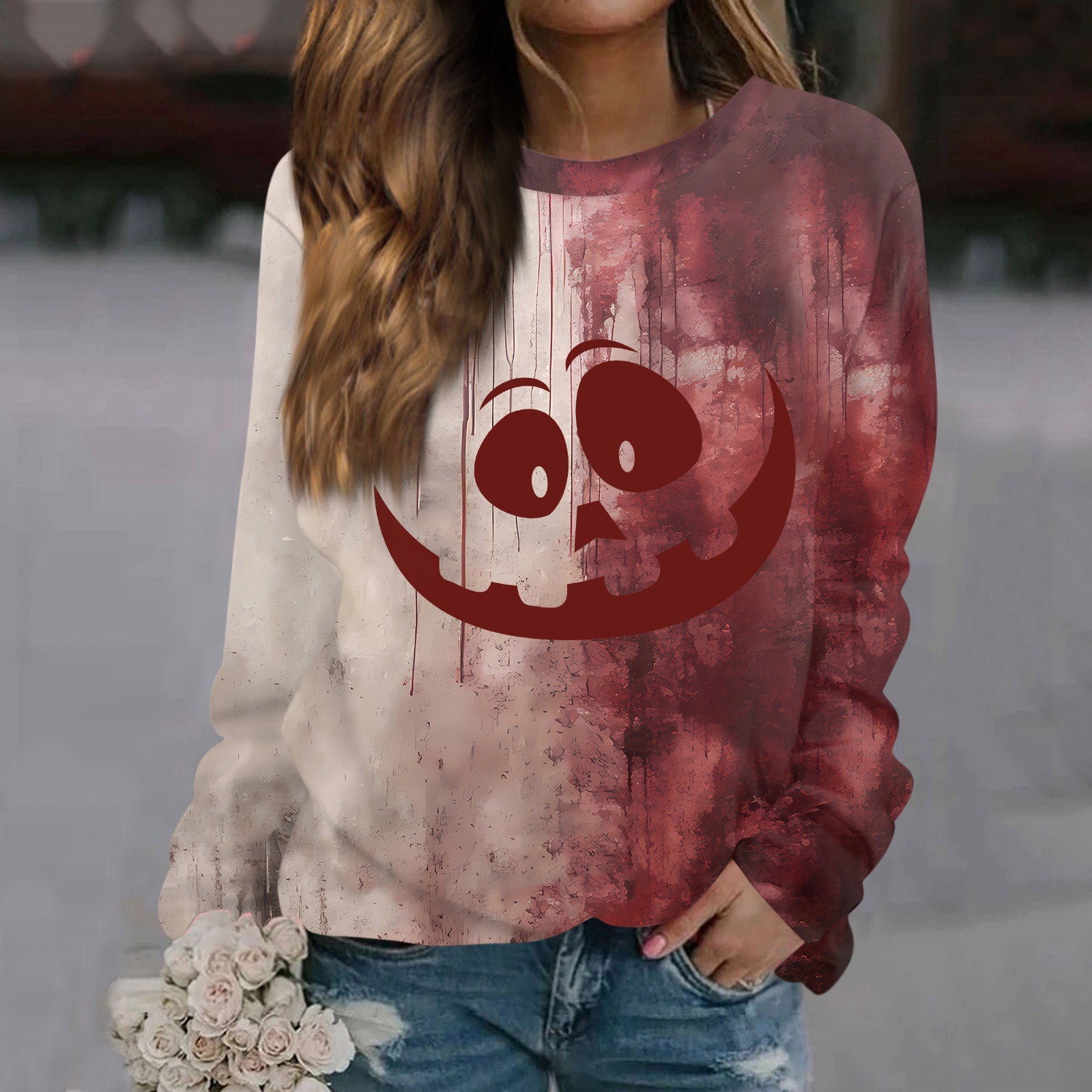 Mrigtriles Halloween Crewneck Sweatshirts Women Graphic Pumpkin Face