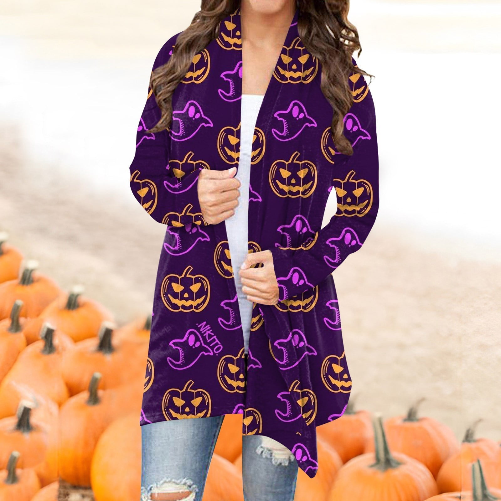 Mrigtriles Halloween Purple Cardigan for Women Open Front Long Sleeve