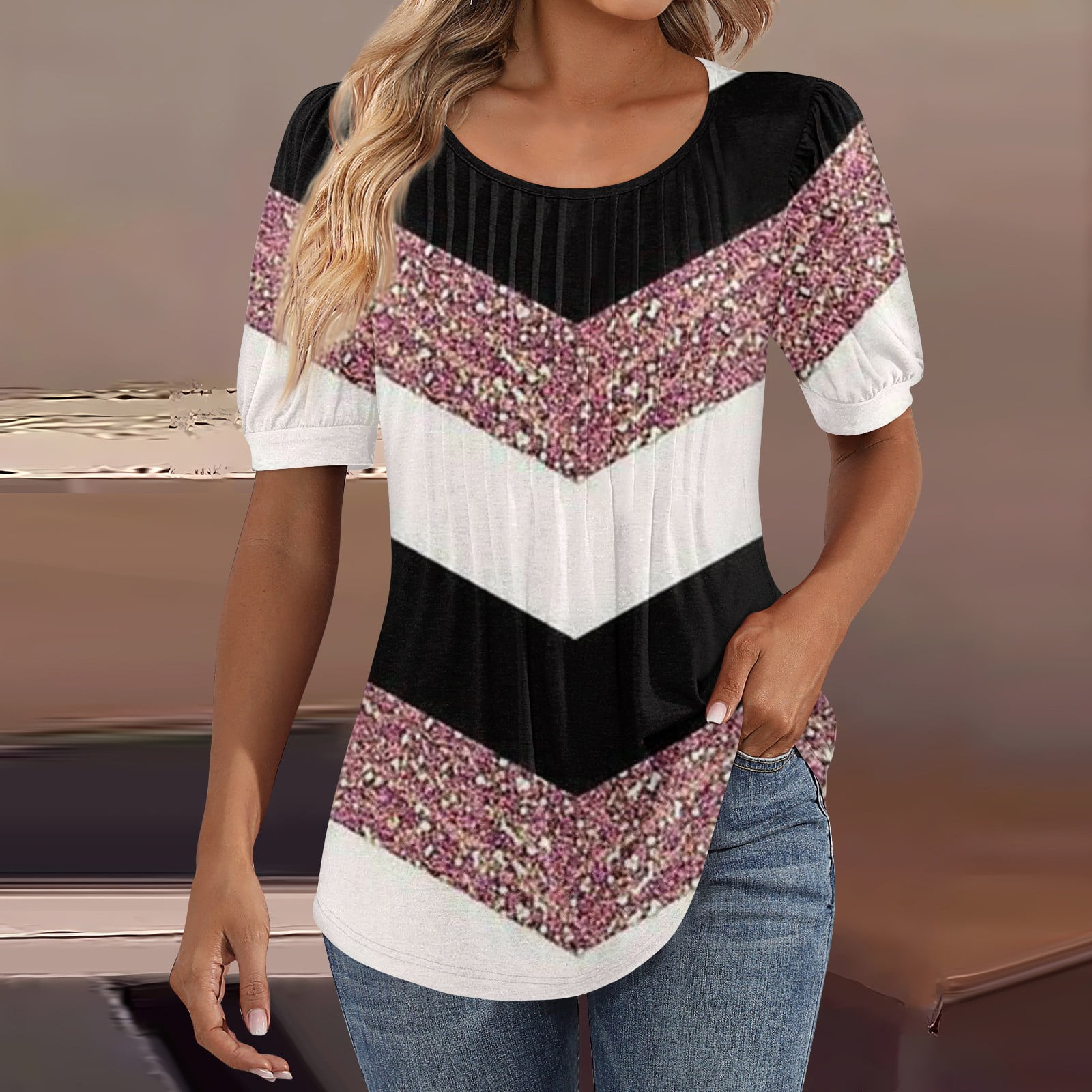 Mrigtriles Women Shirts Summer Short Sleeve Tunic Tops Pleated Front