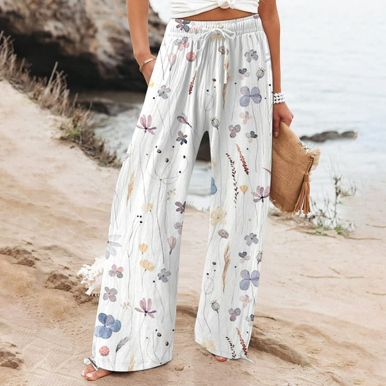 Mrigtriles Women Summer Fashion Linen Pants Wide Leg Flowy Trousers Elastic High Waist Petite Palazzo Trousers with Pockets Clearance White S