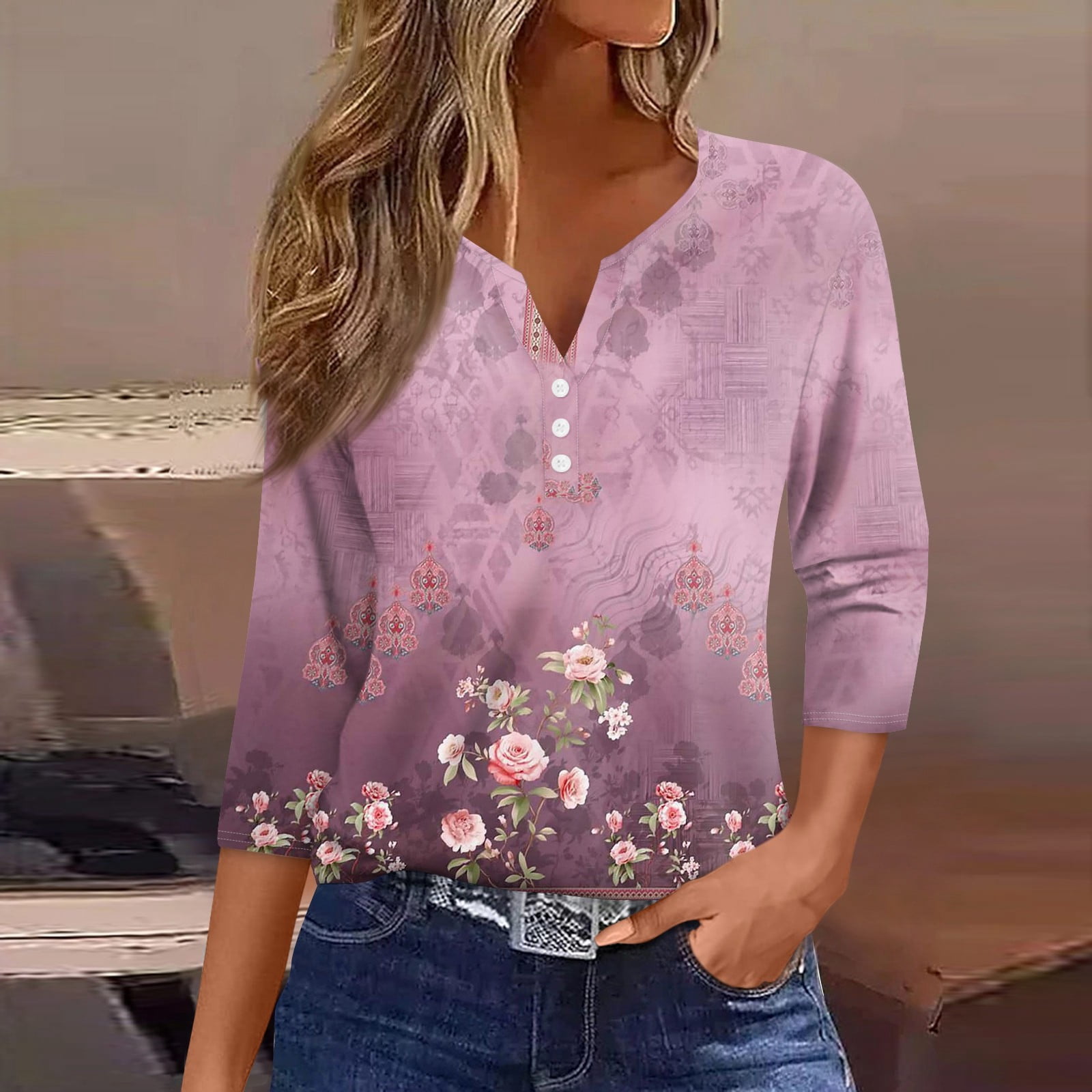 Mrigtriles Womens Summer Tops Half Sleeve Henley V Neck Cute Shirt