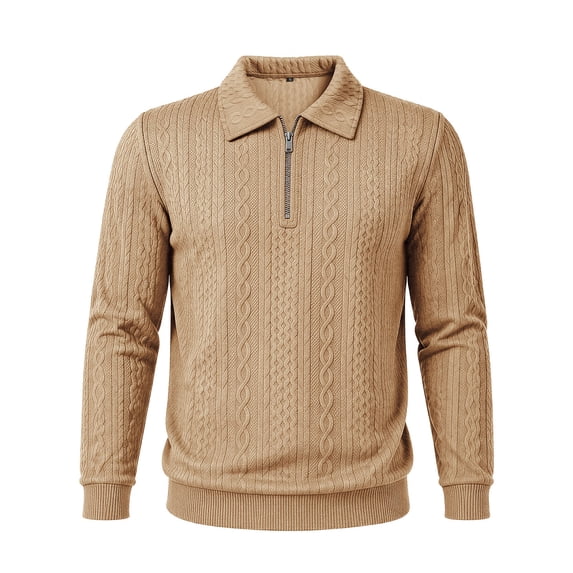 Mrmaere Collared Half Zip Knit Sweater Men Cable Knit Long Sleeve Casual Pullover Khaki M